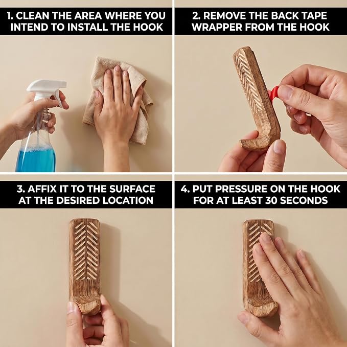 IndianShelf 3 Boho Wood Adhesive Wall Hooks Peel Stick - Image 9