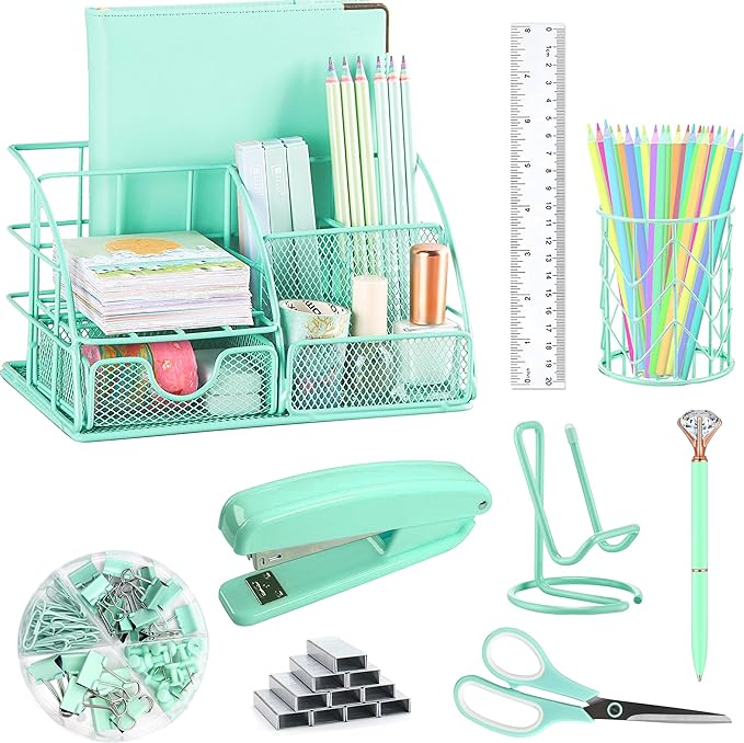 KAAKOW Green Desk Organizers and Accessories Office Supplies Set Stapler by KAAKOW