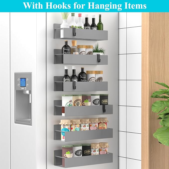 Metal Magnetic Spice Rack for Refrigerator Gray, 6 Pack | Magnetic Shelves - Image 2