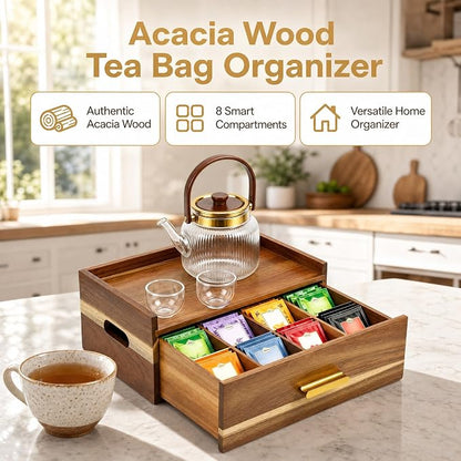 Acacia Wood Tea Bag Organizer 8 Compartment Storage Box & Organizer - Image 6