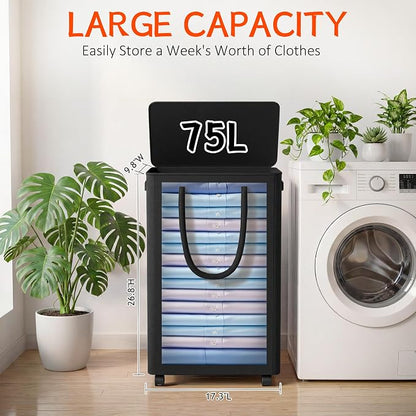 Slim Laundry Hamper with Wheels, 20 Gal Rolling Laundry Basket with lid and - Image 2