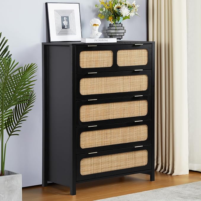 5 Drawer Dresser with Rattan Finish, Modern Farmhouse Chest of Drawers with by YUCHIATHSoulFurniture