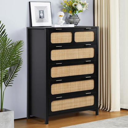 LEVNARY 5 Drawer Chest Dresser, Rattan Tall Dresser 5 Chest of Drawers Dressers - Image 6