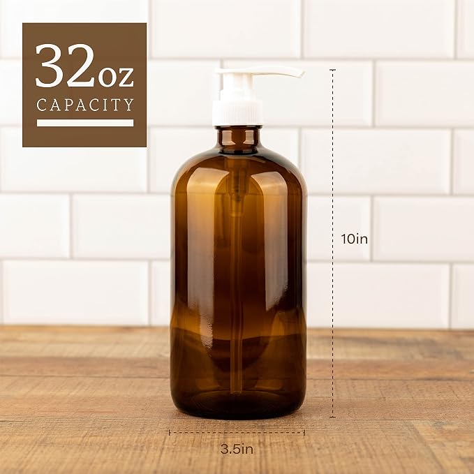32 Ounce Glass Pump Dispenser Bottle, Large Amber Container - Image 2