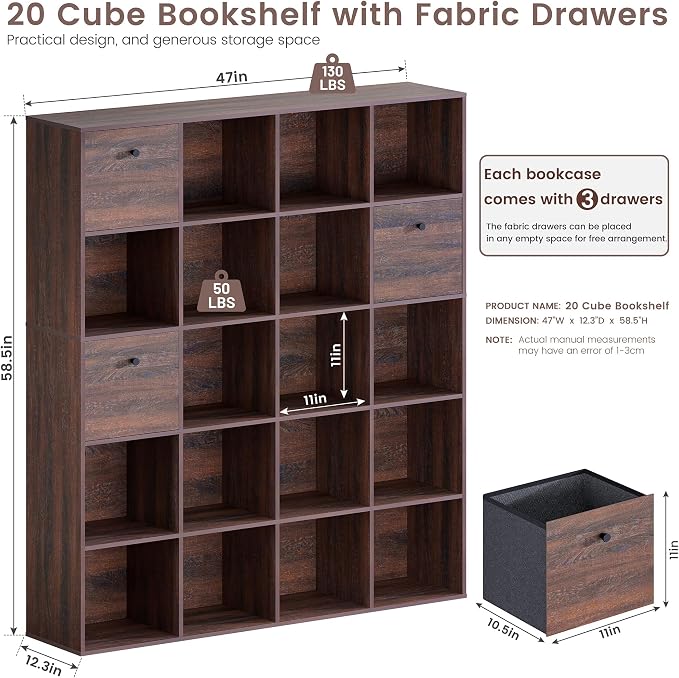Walnut Cube Storage Bookcase 2-Pack, Rustic Brown 20 Cube Storage Organizer - Image 2