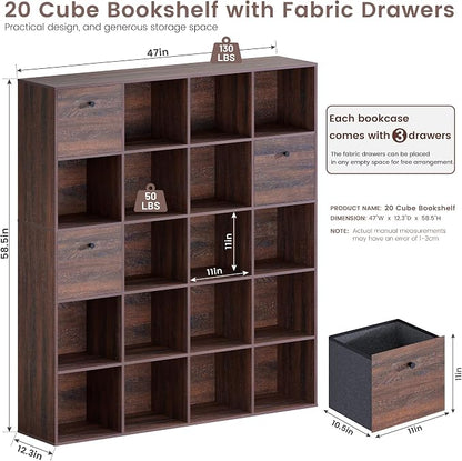 Walnut Cube Storage Bookcase 2-Pack, Rustic Brown 20 Cube Storage Organizer - Image 2