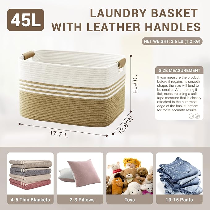 45L Small Laundry Basket with Leather Handles - Image 2