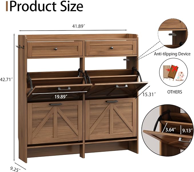 Shoe Cabinet with 4 Flip Drawers & 2 Top Drawers, Hidden Slim Shoe Rack - Image 2