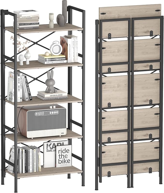 Folding Bookshelf, 5 Tier Bookcase Foldable Shelf by Homeiju