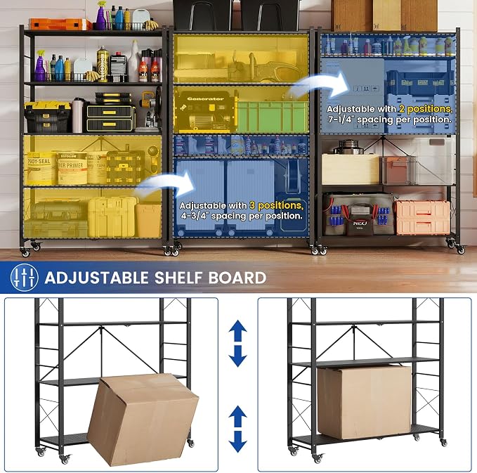 ALANNG 40" W Foldable 5-Tier Storage Shelves on Wheels Adjustable | Removable - Image 3