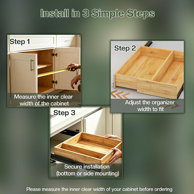 BAMEOS 2-Pack 14" to 20" Adjustable Width Soft Close Slide Out Bamboo Wood - Image 5