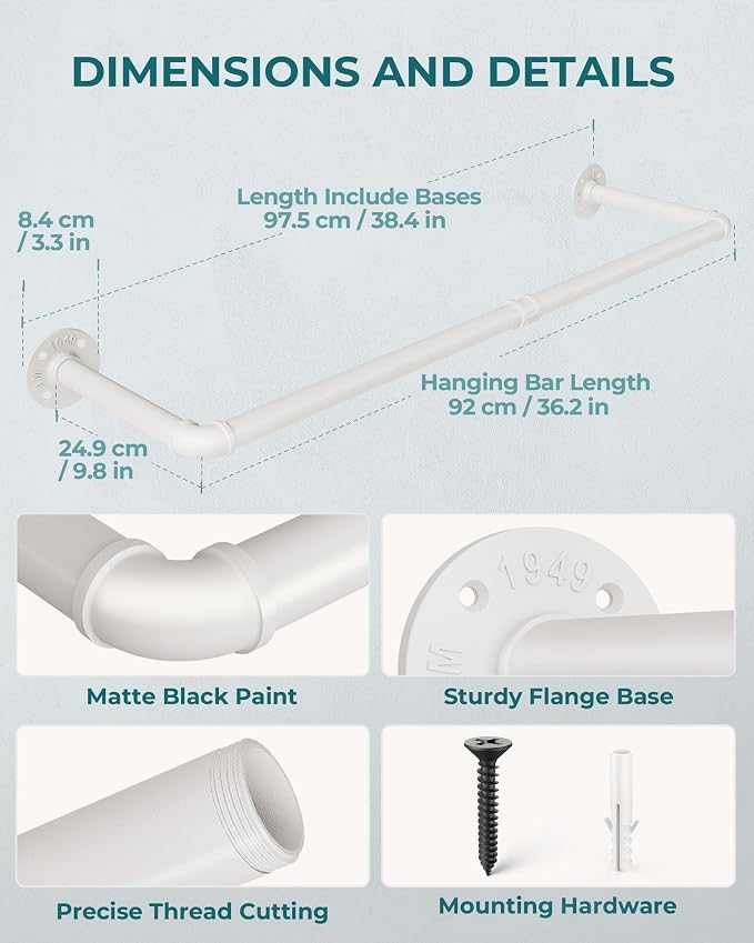 OROPY Industrial Pipe Clothes Rack Wall Mounted Set of 2, 38.4 inches Heavy - Image 4