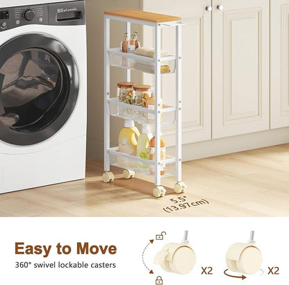Hoctieon Slim Rolling Storage Cart, 4-Tier Narrow Kitchen Storage Cart - Image 5