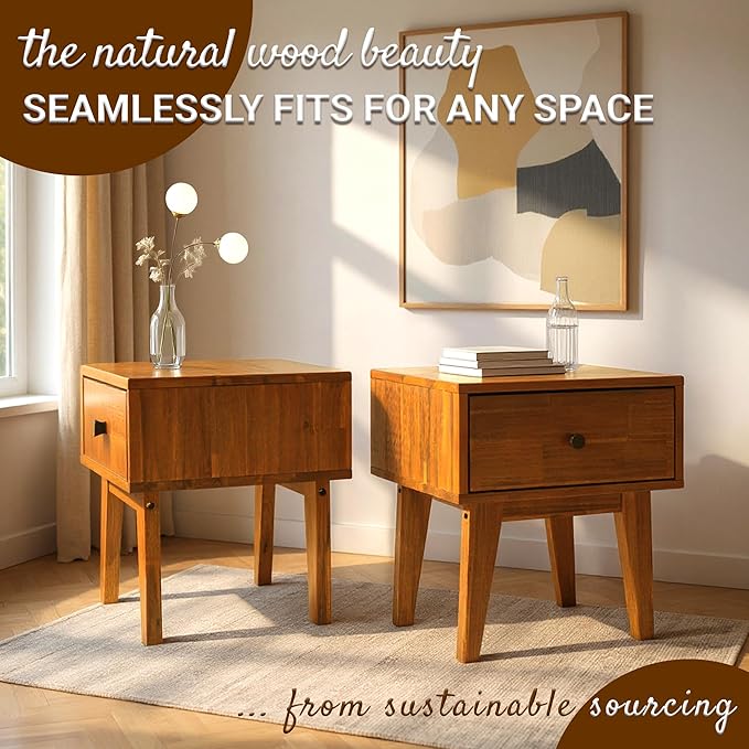 Acacia Sofia Nightstand with Drawer, Bedside Table, Solid Wood Bedside End - Image 5