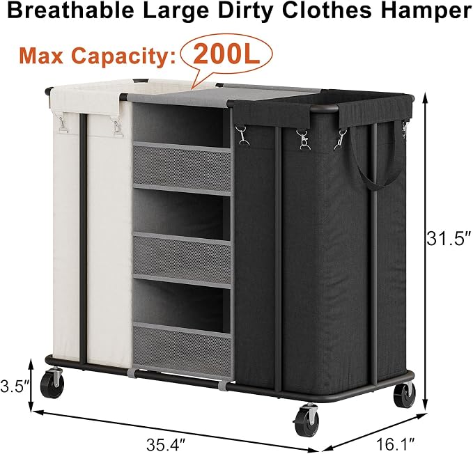 WOWLIVE Laundry Sorter 2 Section 200L Rolling Laundry Hamper - Image 3