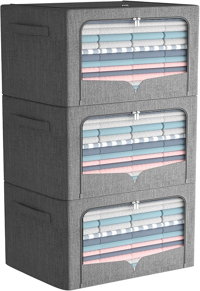 FHSQX 3 Pack Clothes Storage Bins Foldable Metal Frame Storage Box Stackable by FHSQX
