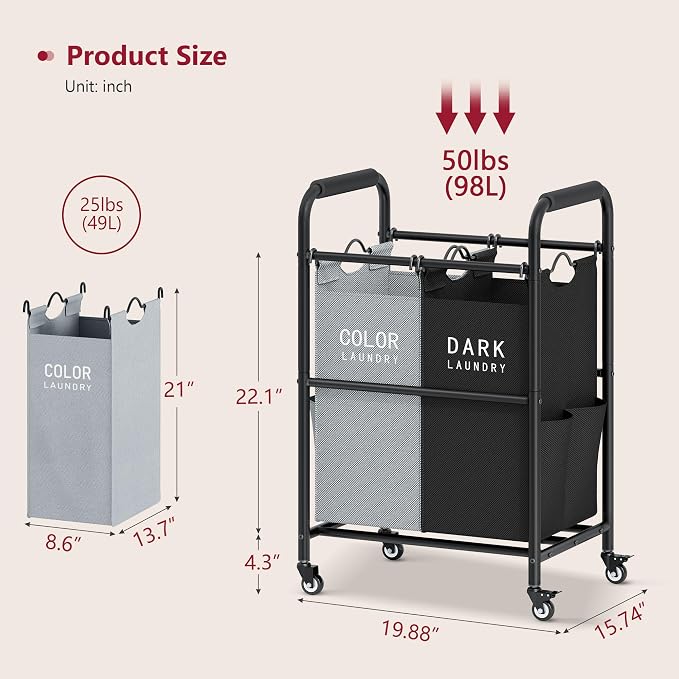 Tajsoon 2 Bag Laundry Sorter Cart, Laundry Hamper Sorter Basket - Image 7