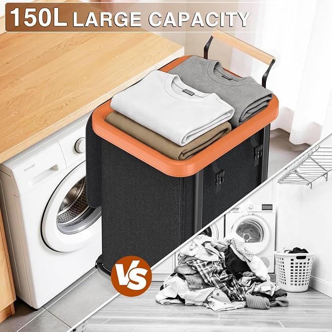 40 Gal Laundry Hamper with Lid, Leather Patchwork Laundry Basket with Rolling - Image 4