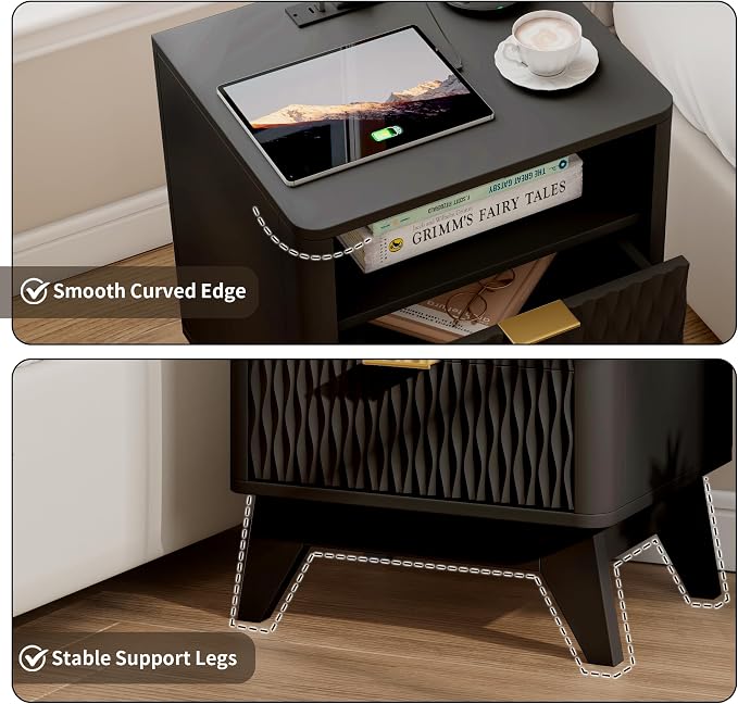 Fluted Nightstand with Charging Station, Bedside Table - Image 5