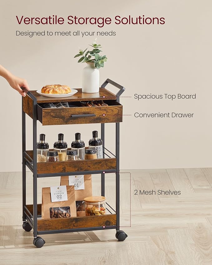 VASAGLE Storage Cart, 3-Tier Rolling Utility Cart - Image 4