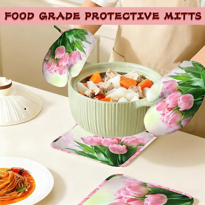 Pink Tulips Romantic Silicone Oven Mitts and Pot Holders, Heat-Resistant 4 - Image 7