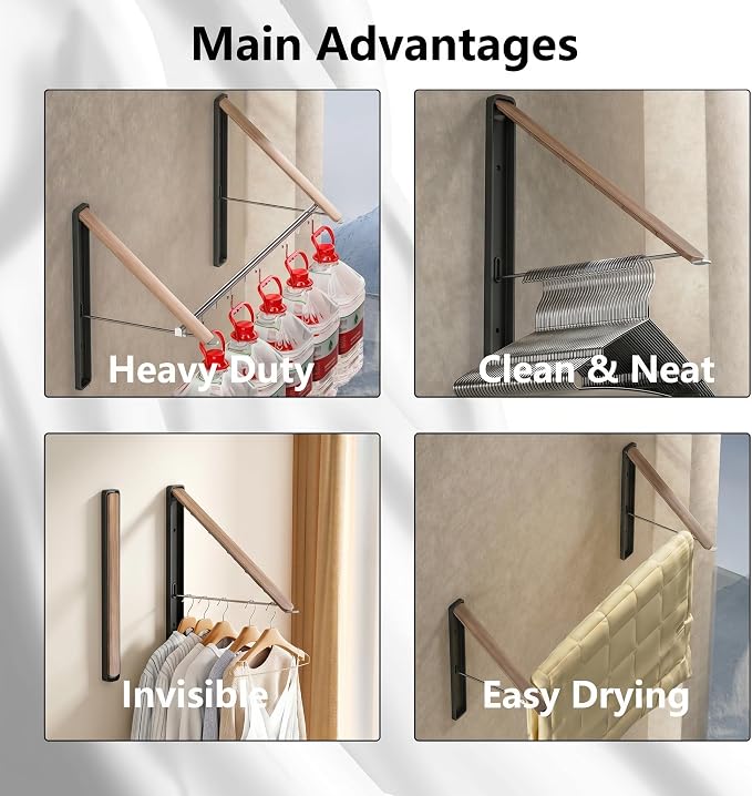 Dr.DJ Clothes Drying Rack with Rod, Wall-Mounted Retractable & Foldable Clothes - Image 3