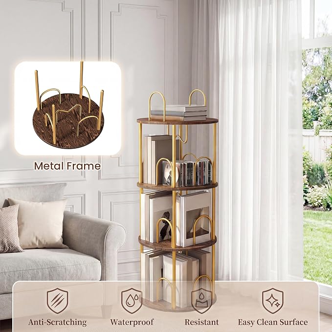 3 Tier Rotating Bookshelf, 360° Spinning Bookshelf Tower, Narrow Corner Book - Image 3