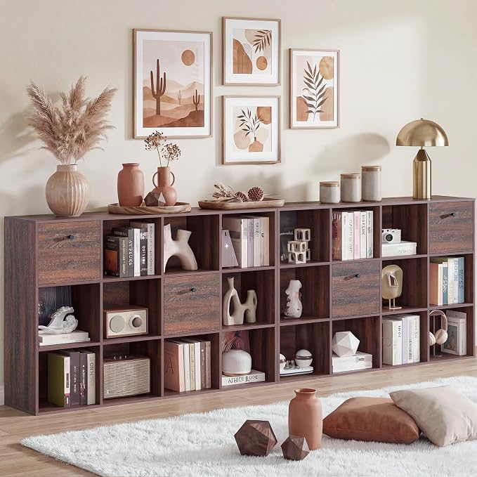 2 Pack 12 Cube Storage Organizer, Walnut Bookcase, Wooden Bookshelf by Odeekea