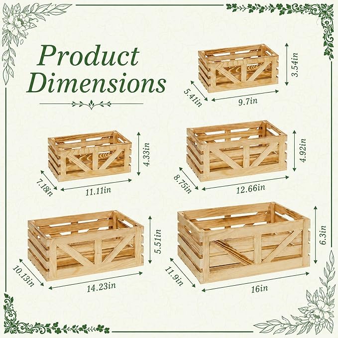 5 Pcs Wooden Crates for Display, Nesting Wood Crate for Storage, 5 Size | - Image 2