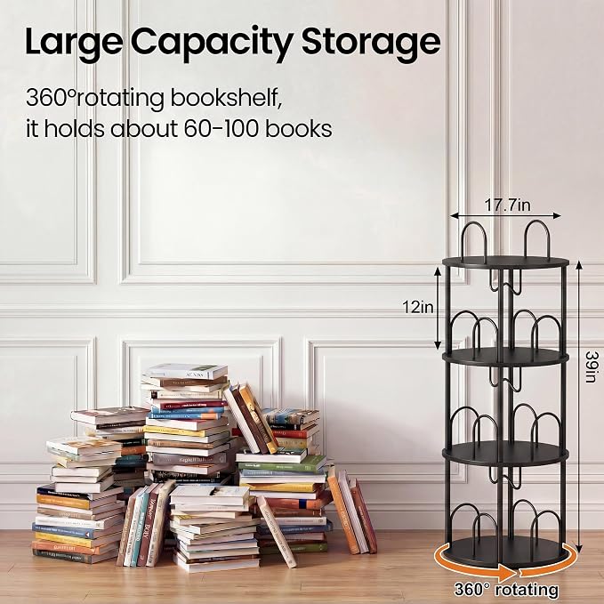 3 Tier Rotating Bookshelf, 360° Spinning Bookshelf Tower, Narrow Corner Book - Image 2