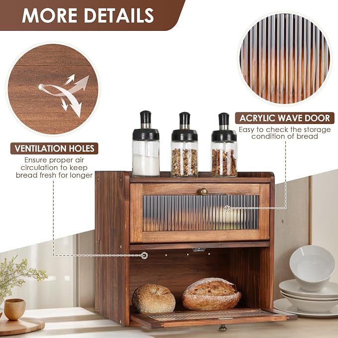 Sunhoo Bread Box for Kitchen Countertop Wooden Bread Storage Container Bin 2 - Image 2