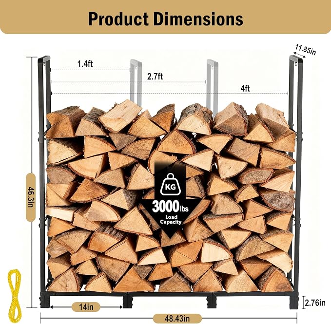 facka 4FT Firewood Rack Outdoor, Metal Wood Rack | Iron Fire Log Stacker Holder - Image 3