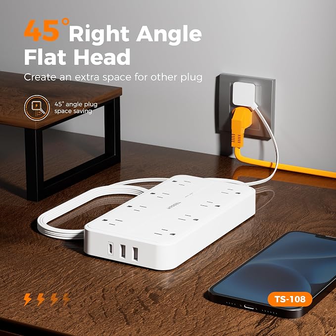 Power Strip with Surge Protection, TESSAN Flat Plug Extension Cord with 8 - Image 3