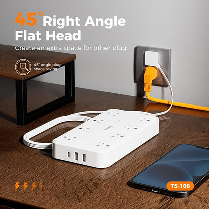Power Strip with Surge Protection, TESSAN Flat Plug Extension Cord with 8 - Image 3