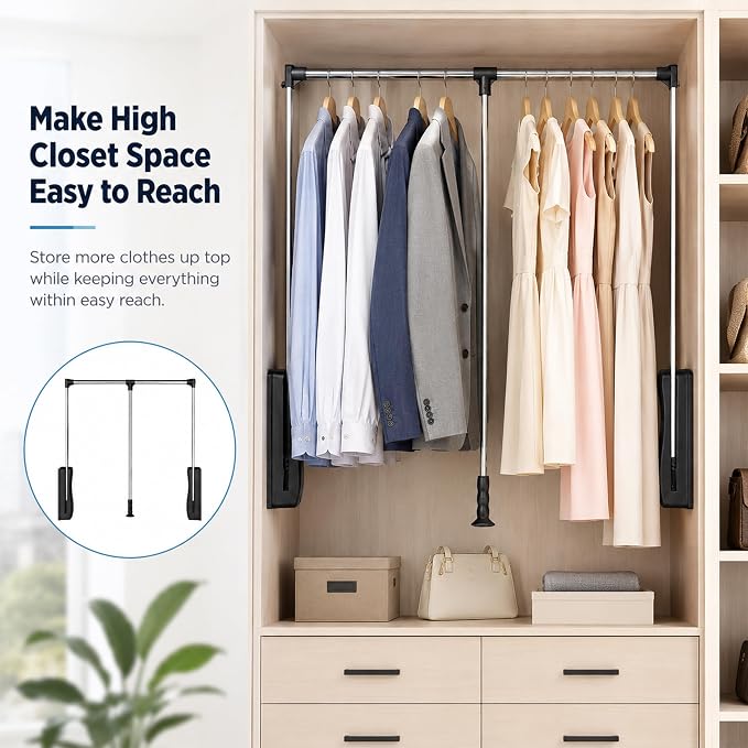 Pull Down Closet Rod 35-48 Inch Adjustable, Heavy Duty Metal Closet Hanging Rod - Image 2