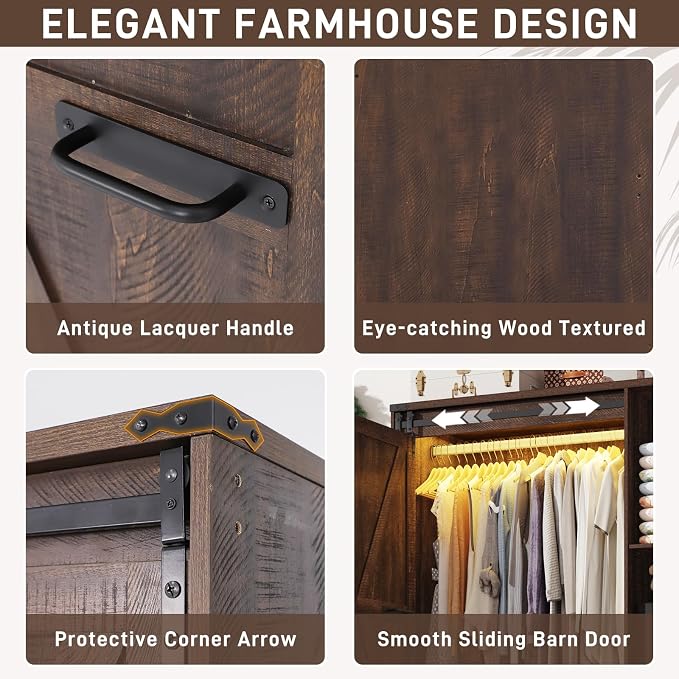 Farmhouse 3 Doors Armoire Wardrobe Closet w/Folding Sliding Barn Door and Lights - Image 7