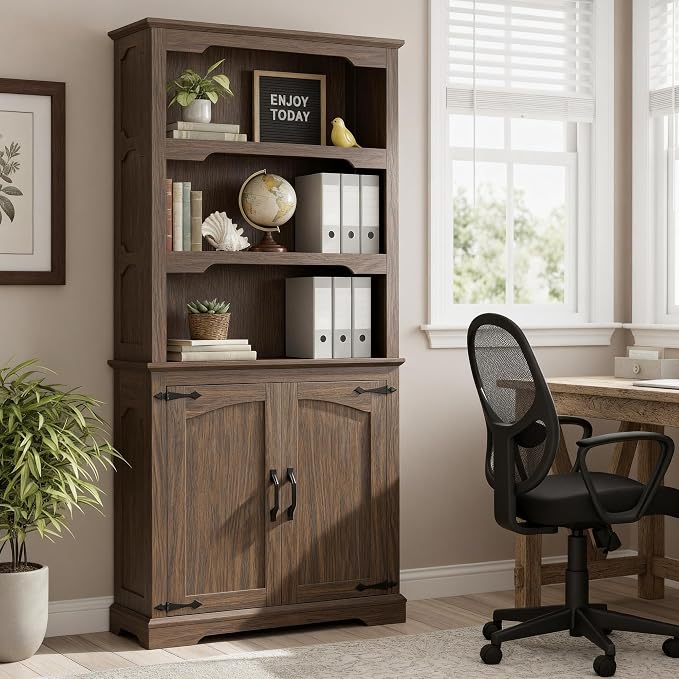 70 Inch Farmhouse Bookcase, Walnut Two-Tone Shelves, 5 Tier Bookshelf by Unknown