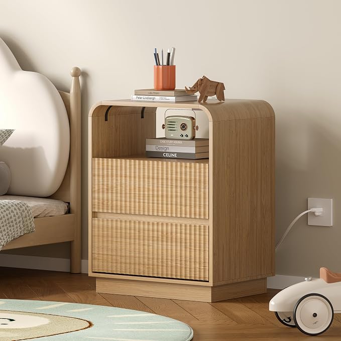 Dresser with 2 Drawers and Charging Station, Fluted Bedside Table with Round by BORNOON