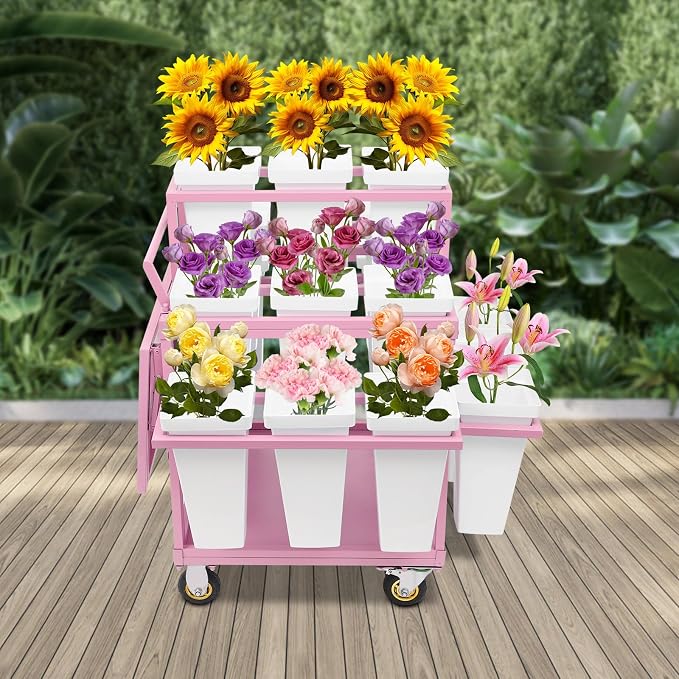 Flower Display Stand Cart With 18 Buckets Plant Rack Storage Organizer with - Image 2