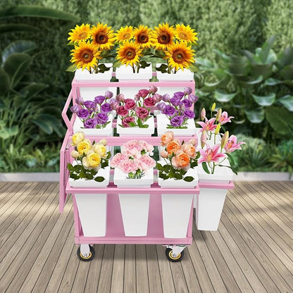 Flower Display Stand Cart With 18 Buckets Plant Rack Storage Organizer with - Image 2
