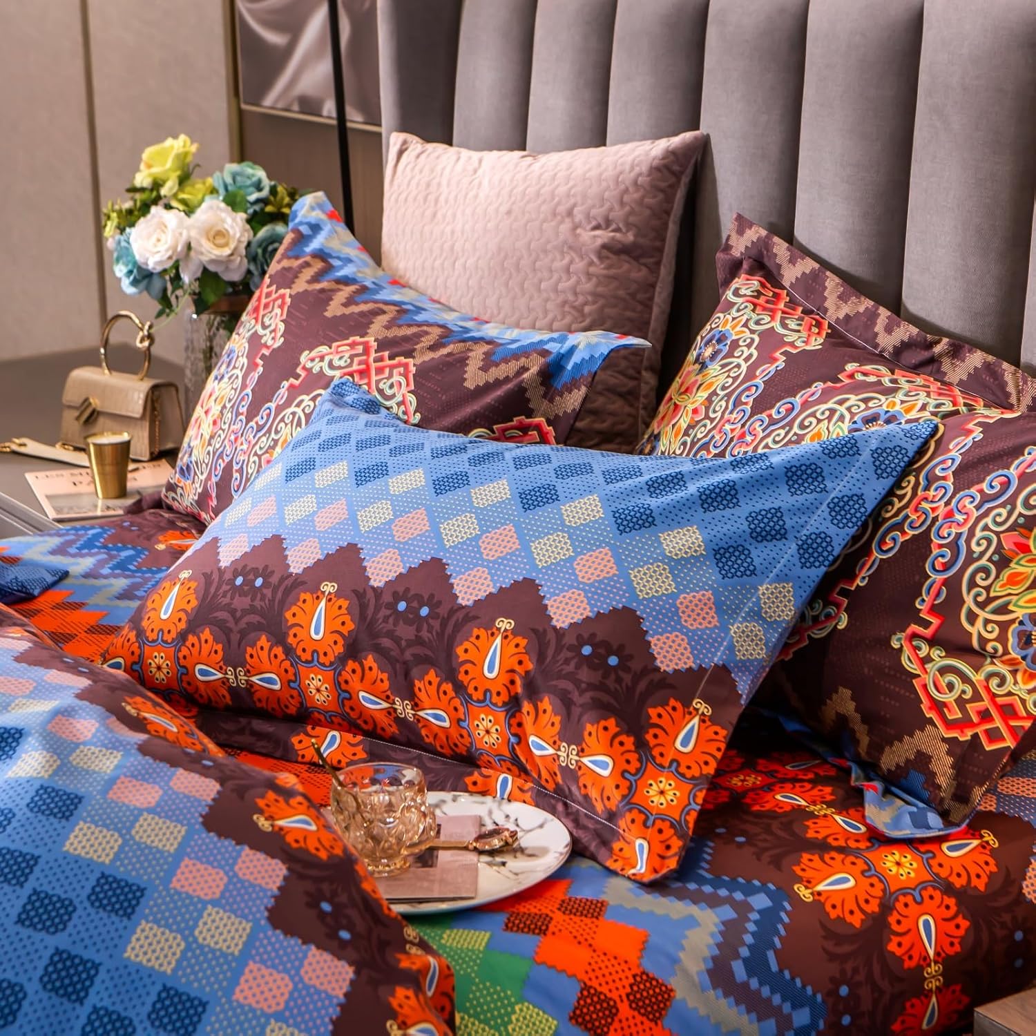 ABREEZE Bohemian Duvet Cover Set Colorful Brown Boho Retro Bedding Set Damask Paisley Cotton Duvet Cover Tribal Reversible Bedding Exotic Style Comforter Cover 3-Piece Queen
