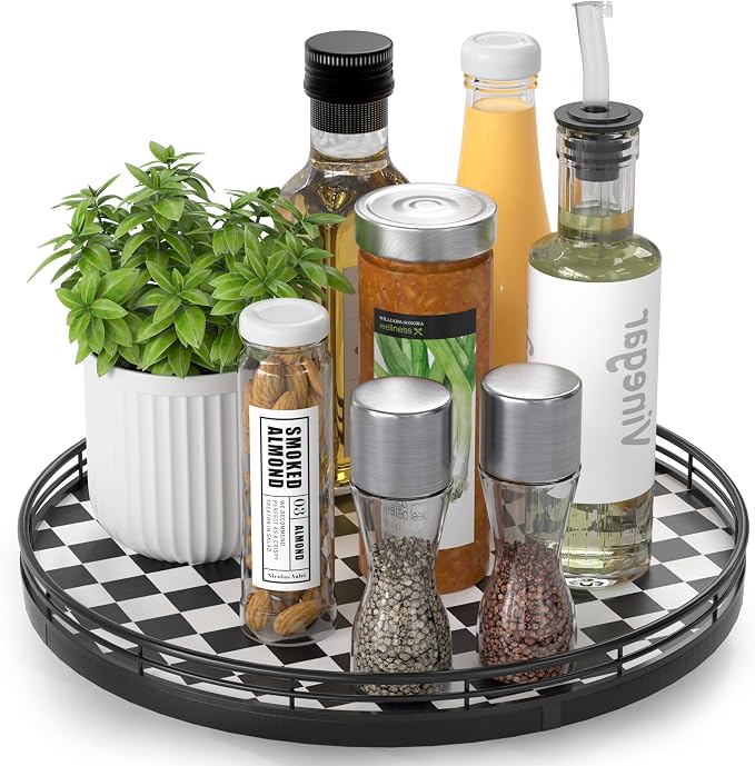 Black and White Kitchen Lazy Susan Turntable – Round Checkered Decorative Tray by AMH