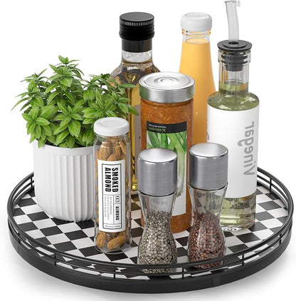 Black and White Kitchen Lazy Susan Turntable – Round Checkered Decorative Tray by AMH