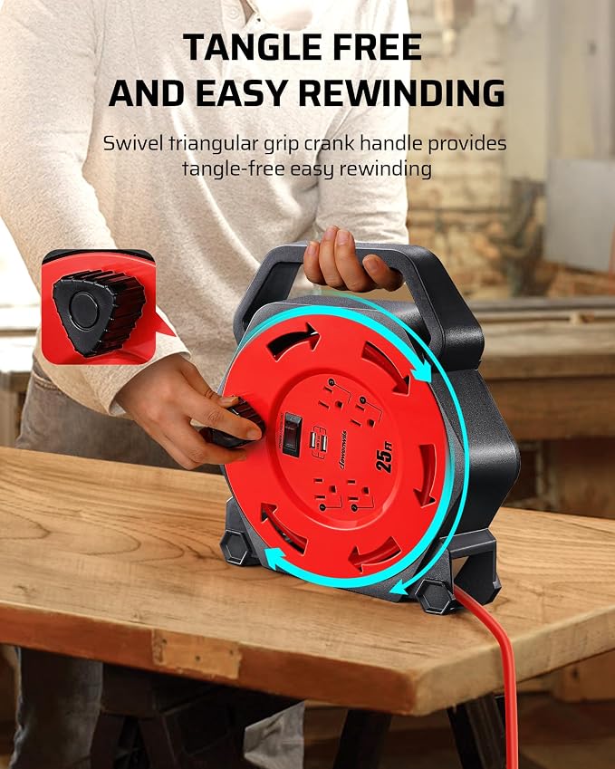 DEWENWILS Cord Reel with 4 Power Outlets, 2-USB Ports, 25FT Retractable - Image 5
