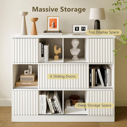 iPormis 12 Cube Bookcase with 6 Fluted Sliding Doors, 3 Tier Wooden Bookshelf - Image 7