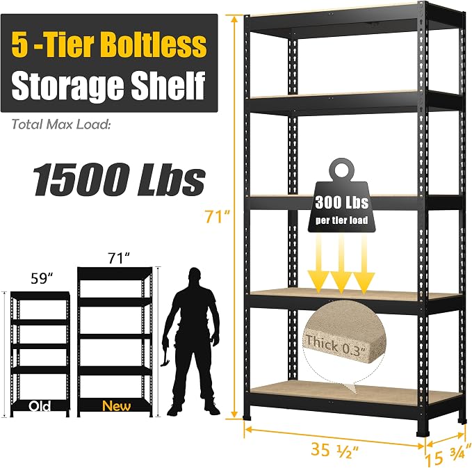 PrimeZone Storage Shelves 5 Packs 5 Tier Adjustable Garage Storage Shelving - Image 4