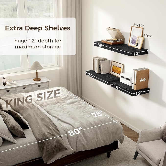 12 Inch Deep Black Floating Shelves, 24 x 12 Floating Shelf - Image 6