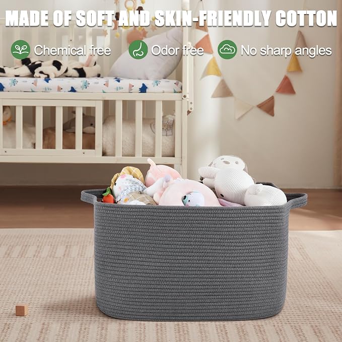65L Large Storage Basket, Cotton Rope Woven Blanket Basket, Toy Storage - Image 7
