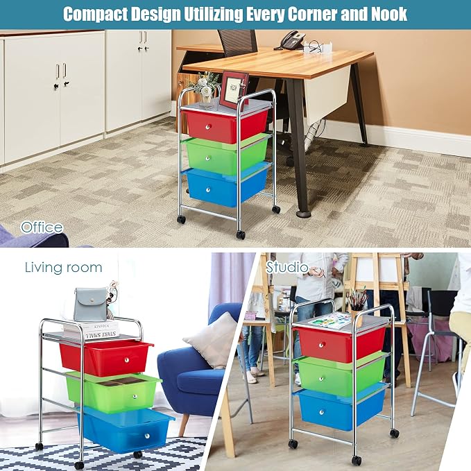 Giantex Rolling Cart with Drawers, Craft Organizer with Wheels, 3 Drawer - Image 8