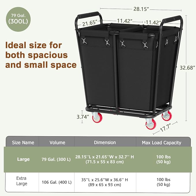 Hoctieon 2 Section Laundry Sorter Cart, 300L Rolling Hamper - Image 9